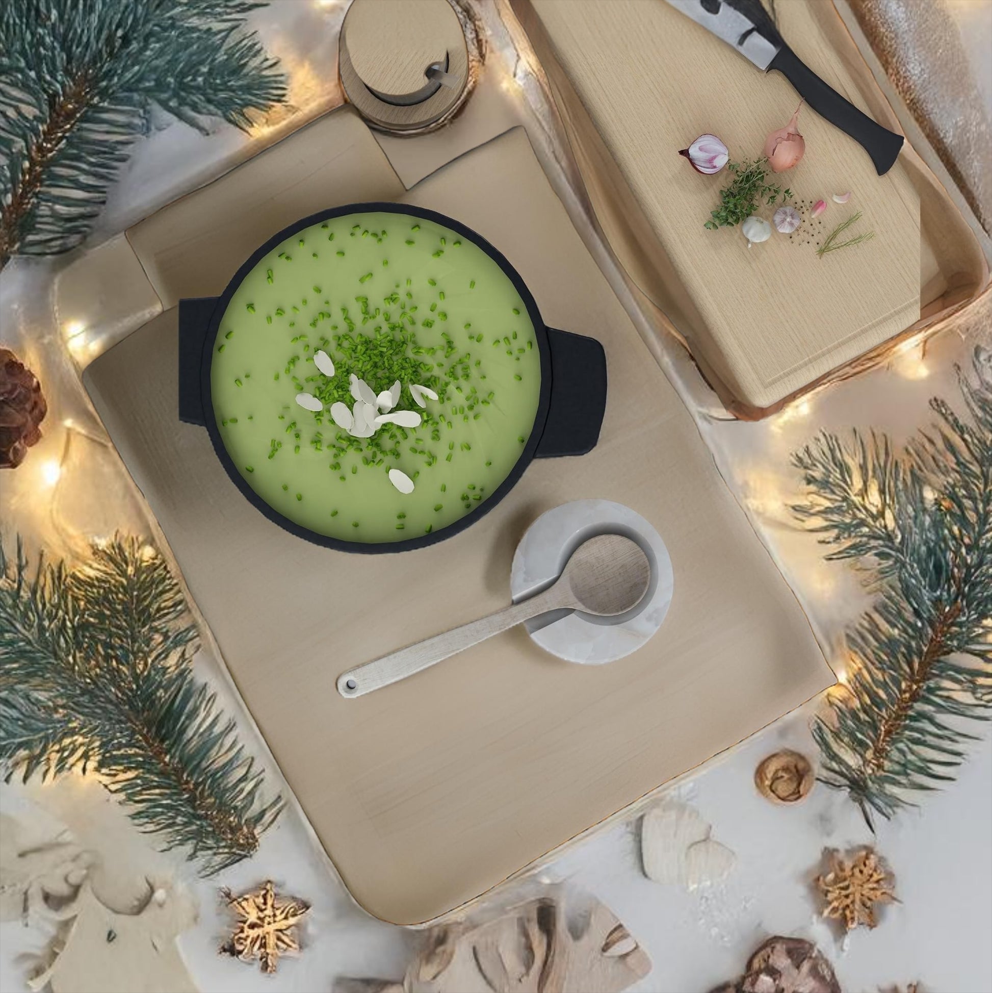 Onyx spoon rest with soup pot and festive lights