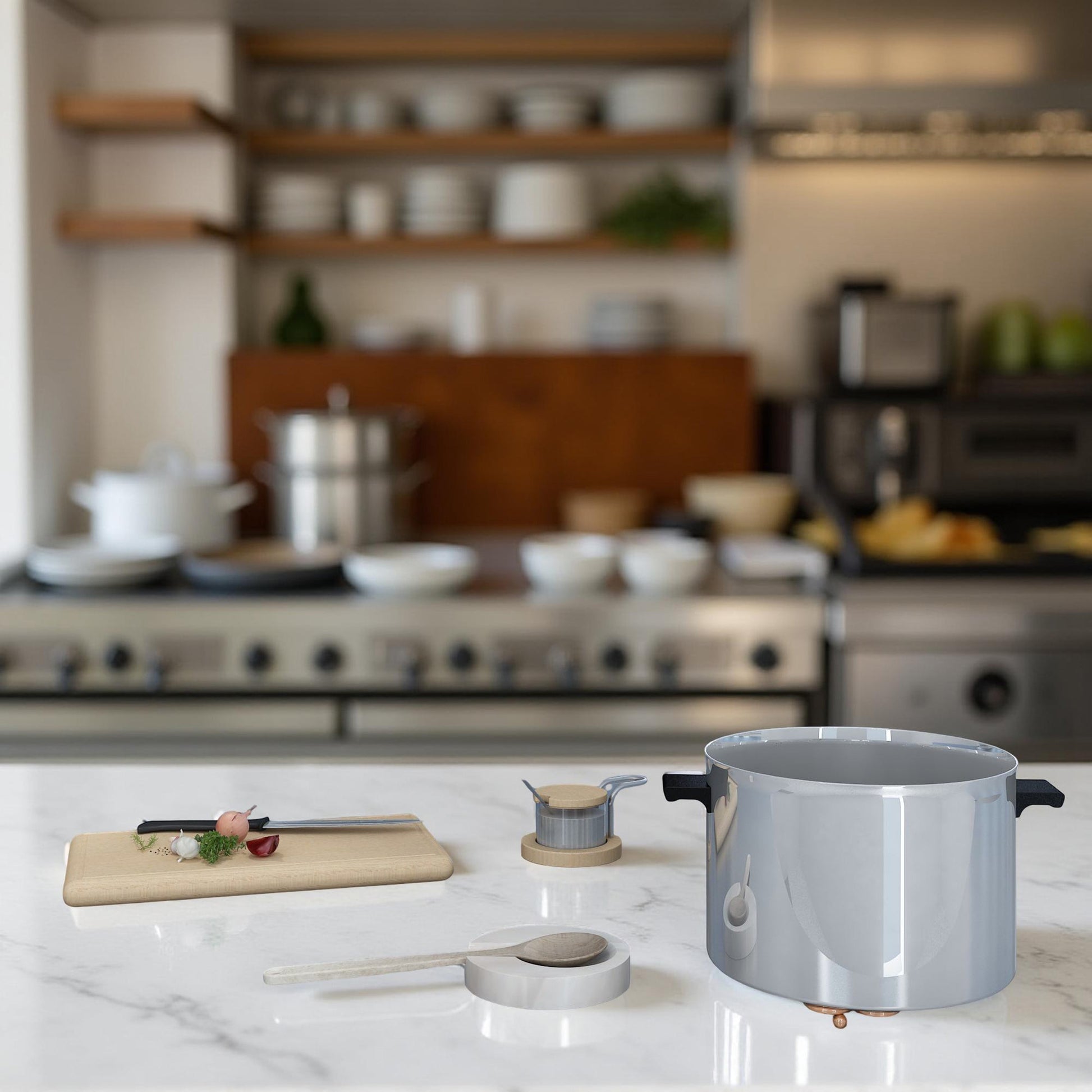 Onyx spoon rest beside soup pot in modern kitchen setting
