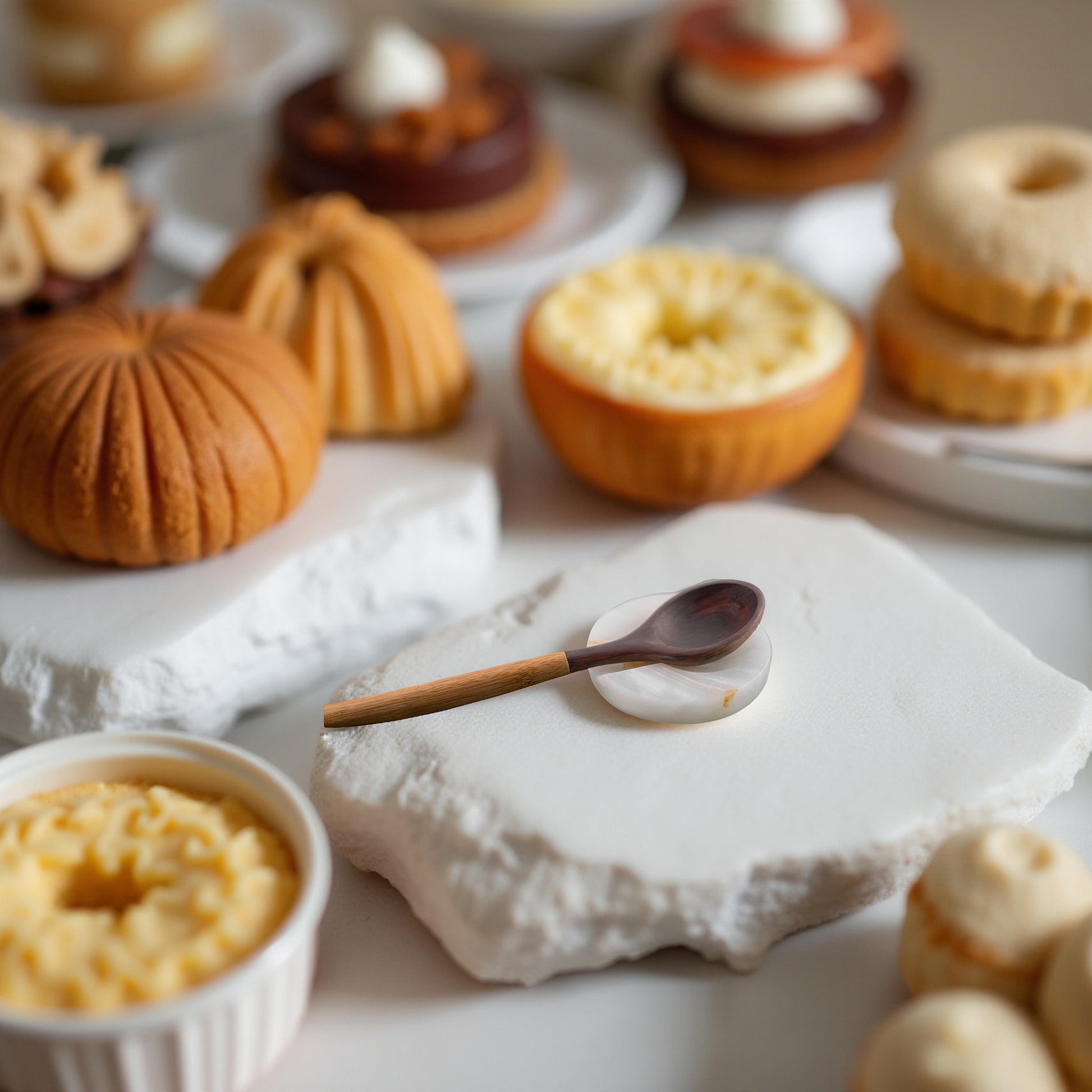 Onyx spoon rest with wooden spoon surrounded by pastries