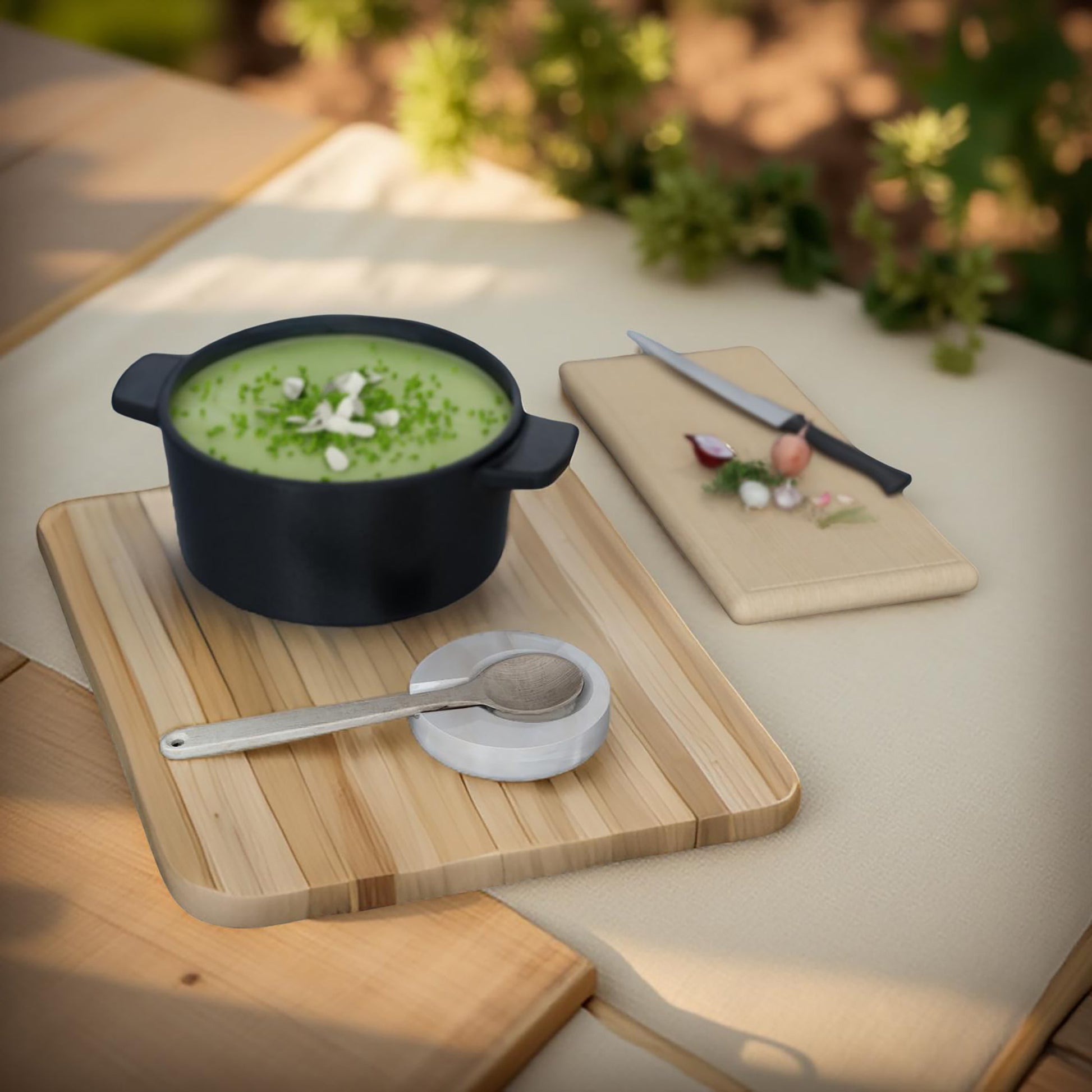 Onyx spoon rest next to a black soup pot and chopping board on an outdoor table