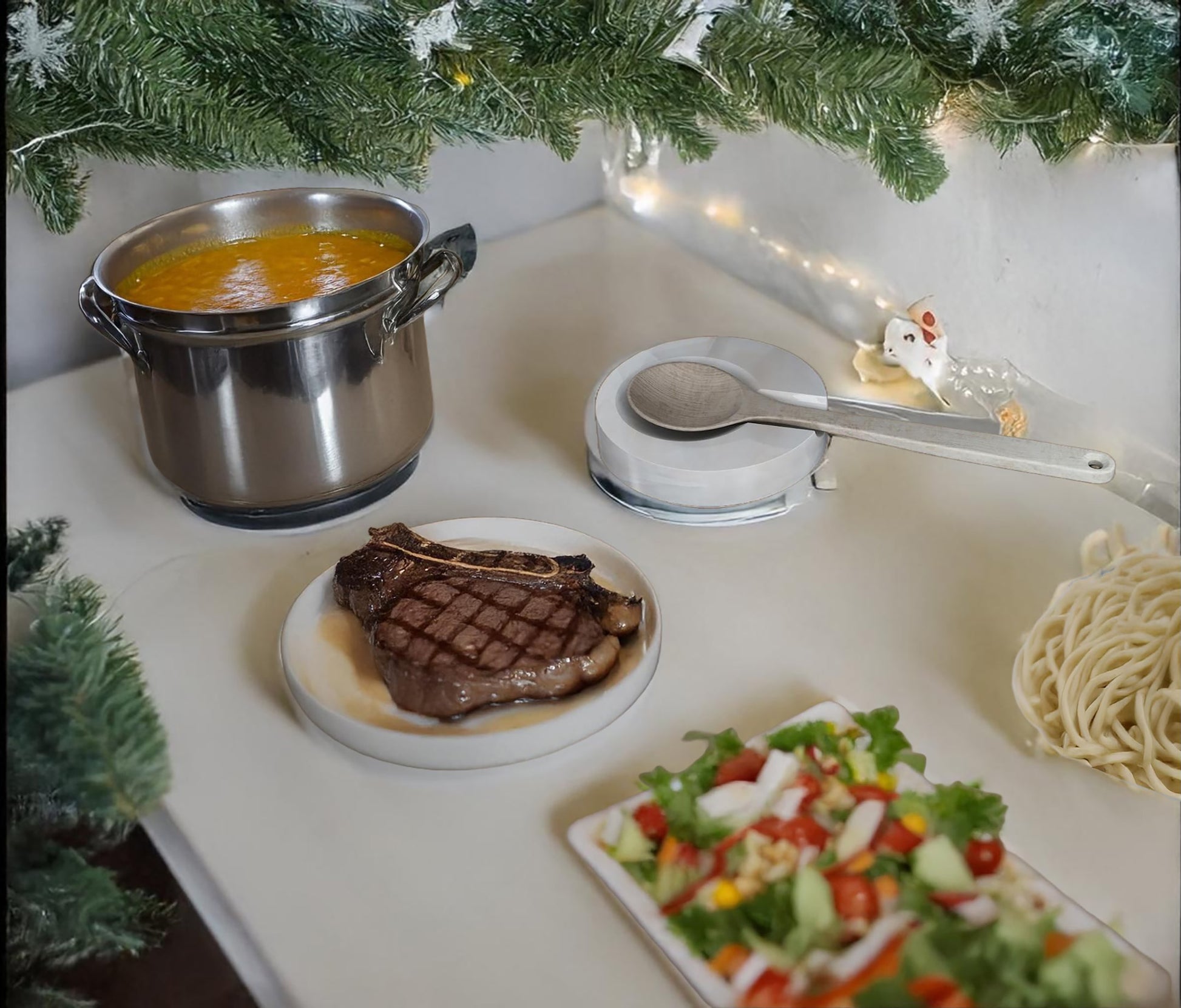 Onyx spoon rest in a holiday meal setting with steak and soup